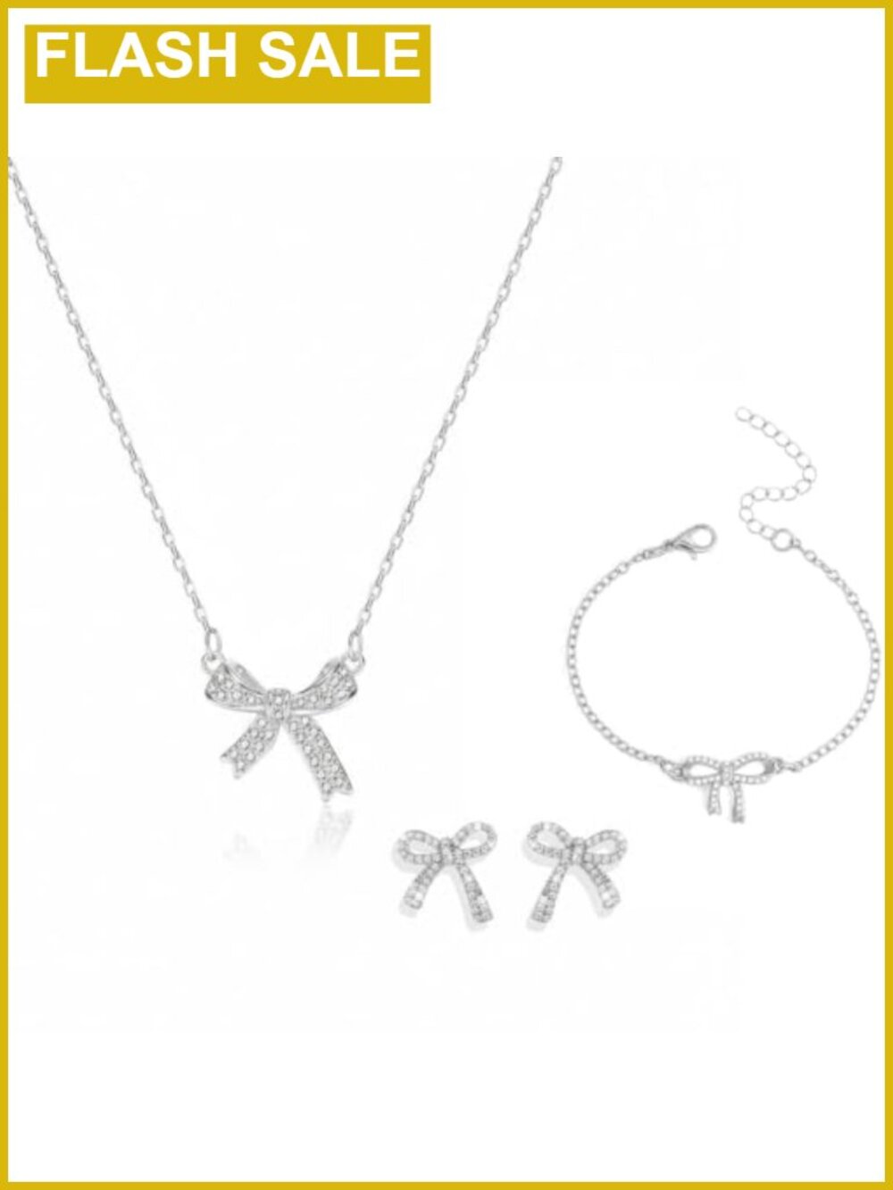Rhinestone Bow Jewelry Set Necklace Bracelet Earrings Alloy 3 Piece